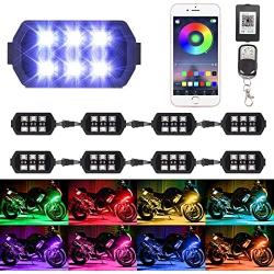 HYBKLER 8pcs Motorcycle RGB LED Strip Lights Kit Multi-Color Neon Waterproof Atmosphere Lights w/Smart Remote Controller for Harley Davidson Suzuki