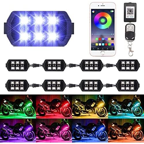 HYBKLER 8pcs Motorcycle RGB LED Strip Lights Kit Multi-Color Neon Waterproof Atmosphere Lights w/Smart Remote Controller for Harley Davidson Suzuki