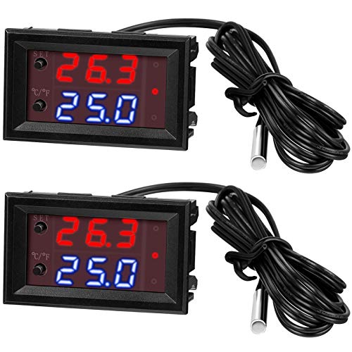 DC 12V Electronic Temperature Controller Programmable -50 to 110 Degree Celsius Heating/ Cooling Thermostat Control Switch Module NTC Waterproof Sensor Probe Dual Color LED Display Monitor (2 Pieces)