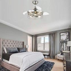 36 Industrial Retractable Ceiling Fan, ceiling fan with retractable blades, remote control, 3 speed, silent motor, Bushed Nickel (Bulb Not Included)