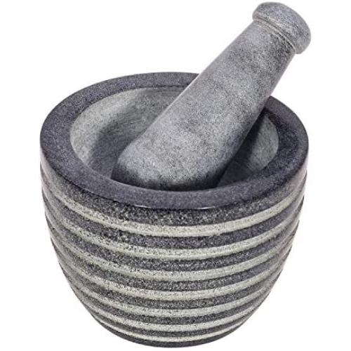 Divit Shilp Mortar and Pestle, Made of Heavy Duty Polished Hard Stone, Natural Stone Grinder for Spices, Pastes, Herbs, Seasoning etc. (Black with Rings)