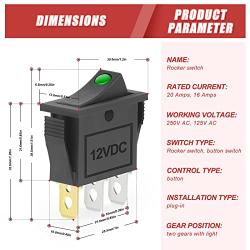 QCQIANG 2PCS AC 16A 250V 20A 125V Rocker Switch with Green LED Light, Rocker Button Switch for Cars, Motorcycles, Vacuum Cleaners