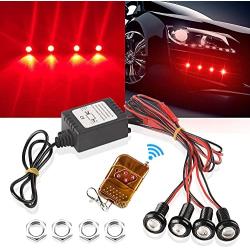 Sidaqi New Bright 4LED 18MM LED Eagle Eye Strobe Lights With Wireless Remote Control Fit For Car Motorcycle Warning Flashing Light DRL Daytime Running Backup Light Waterproof 12V-Red