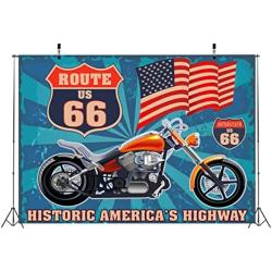 BELECO 5x3ft Fabric Vintage Route 66 Themed Backdrop Historic Americas Highway American Flag Motorcycle Retro Blue Stripes Background Poster Birthday Party Decoration Photoshoot Studio Props