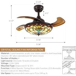 NOXARTE Tiffany Ceiling Fan Retractable Invisible Blades LED Dimmable Vintage Chandelier Lighting Fixture Remote Control 36 Inch for Dining Room Bedroom
