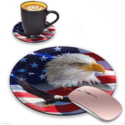 ZOXOHO Round Mouse Pad and Coasters Set, Patriotic American Flag Bald Eagle Design Mouse Pad, Non-Slip Rubber Base Mouse Pads for Laptop and Computer, Cute Design Desk Accessories