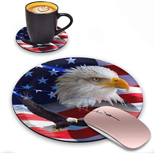 ZOXOHO Round Mouse Pad and Coasters Set, Patriotic American Flag Bald Eagle Design Mouse Pad, Non-Slip Rubber Base Mouse Pads for Laptop and Computer, Cute Design Desk Accessories