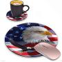 ZOXOHO Round Mouse Pad and Coasters Set, Patriotic American Flag Bald Eagle Design Mouse Pad, Non-Slip Rubber Base Mouse Pads for Laptop and Computer, Cute Design Desk Accessories