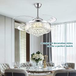 48 Inches Reverse Dimmable Fandelier Crystal Ceiling Fans with Light, Siljoy Modern Invisible Retractable Chandelier Fan LED Ceiling Fan for Bedroom Living Dining Room, Polished Chrome