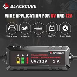 BLACKCUBE 1-Amp Smart Car Battery Charger and Maintainer Full Automatic 6V/12V 5-Stages Smart Trickle Charger with Clamps for Car, Motorcycle, Lawn Mower, Boat RV, SUV, ATV