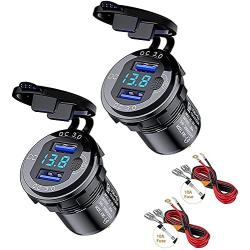Thlevel 3.0 USB Quick Charger Socket, 12V/24V Dual USB Charger Socket with Switch On/Off and Waterproof LED Digital Voltemeter for Marine, Boat, Motorcycle, Truck and More (2PCS)