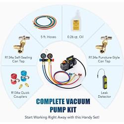 Orion Motor Tech AC Vacuum Pump and Gauge Set, 4 Way AC Gauges and 4 cfm HVAC Vacuum Pump with Leak Detector 5FT Hoses Couplers R410a Adapters, Puncturing & Self Sealing R134a Can Taps AC Recharge Kit