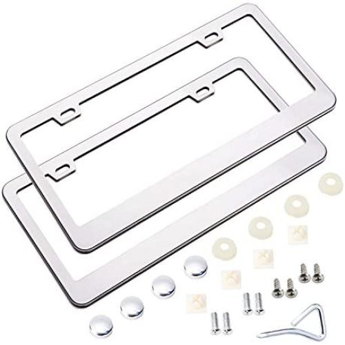 Orion Motor Tech License Plate Frames, 2pc Frame Car Accessories Set, Stainless Steel Car License Plate Frames, Universal License Plate Holders with Screws Screwdriver for Women Men, Silver