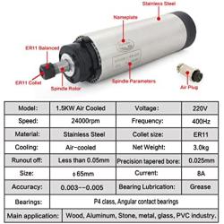 RATTMMOTOR CNC Spindle Motor Kit 1.5KW 220V Air Cooled Spindle Motor ER11 φ65mm 24000RPM 8A 400HZ+1.5KW 220V VFD Inverter Variable Frequency Drive Converter Controller for CNC Router Machine