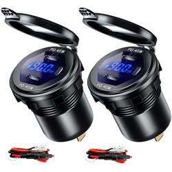 2 Pack Dual USB C Car Charger Socket, 12V/24V USB Outlet, PD Type C Fast Car Charger with LED Voltmeter & Button Switch for Car Boat Marine Bus Truck Motorcycle GOBGOD
