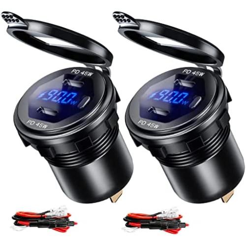 2 Pack Dual USB C Car Charger Socket, 12V/24V USB Outlet, PD Type C Fast Car Charger with LED Voltmeter & Button Switch for Car Boat Marine Bus Truck Motorcycle GOBGOD