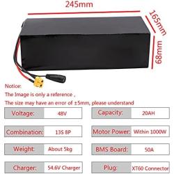 Wnicek 48V 20Ah Ebike Battery 48V 20000mAh Electric Bike Lithium-ion Battery Pack 48 Volt 13S 8P PVC E-Bike Battery for 500W/ 750W/ 1000W Motor with 50A BMS and Charger