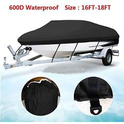 MOTOOS 16-18Ft Boat Cover Heavy Duty 600D Oxford Fabric Waterproof Trailerable Fishing Ski Runabout Protector with Carrying Bag V-Hull 95