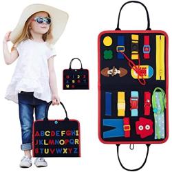ThinkMax Busy Board，Early Education Sensory Activity Board for Basic Skills Learning, Dress Cognition for Boys and Girls, Busy Bag with Letters and Numbers
