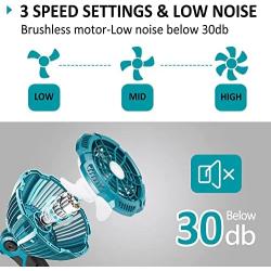 Portable Table Fan, Makita 18V Battery Operated Fan with LED Light, Quiet Small Personal Fan 3 Speed Strong Airflow, Adjustable Tilt Remote Control Rechargeable Fan for Tent, Bedroom, Office, Jobsite