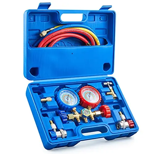 Jeu de Manomètres AC Orion Motor Tech pour R134a R12 R22 R502, Jeu de 3 Manomètres Automobiles avec Indicateurs Anti-Choc, Flexibles et Raccords, Bouchon Puncheur pour Recharge Freon, Boîtier Bleu Jeu de Manomètres AC Orion Motor Tech pour R134a R12 R22 R502, Jeu de 3 Manomètres Automobiles avec Indicateurs Anti-Choc, Flexibles et Raccords, Bouchon Puncheur pour Recharge Freon, Boîtier Bleu