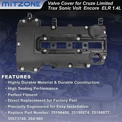 MITZONE Engine Valve Cover with Gaskets Bolts & Oil Filler Cap Compatible with 2011-2019 Chevy Cruze Sonic Volt Trax Buick Encore Cadillac ELR 1.4L Turbo Replace# 55573746 25198498 264-968