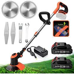 TuosTeees Cordless Weed Wacker Grass Trimmer with 2 24V Batteries & Charger, Brushless Motor, 3-Speed Adjustable, Cutting Circle Ø 15 cm, 90° Rotating Trimmer Head & Handle, orange