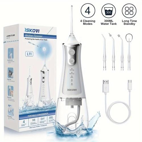 2024 New Cordless Water Flosser, 4 Cleaning Modes 300ML Tank DIY Mode USB Rechargeable, Dental Oral Irrigator For Home And Travel, Gum Care Tongue Cleaning Plaque Removal, Black/White, Compatible With Mouthwash Pulling Oil Cleansing