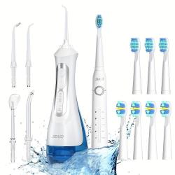 [Electric Toothbrush Water Floss Combo] 8 Brush Heads Rechargeable Electric Toothbrush - Water Floss Combination Kit with 5 Nozzles, Oral Doucher, White Home Kit