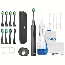 Seago Water Flosser with Rechargeable Electric Toothbrush Adults Sonic Tooth Brush 8 Pieces Brush Heads Oral Dental Irrigator 5 Nozzle Tips White Black Home Gift