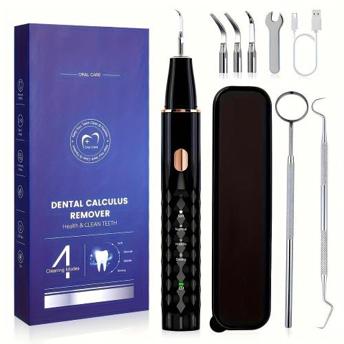 Rechargeable Dental Calculus Remover Kit with LED Light - 4 Cleaning Modes, 3 Replaceable Heads, USB Powered, Hypoallergenic, Ideal for Holiday Gifting, Dental Cleaning Tools, Valentines Day Gifts