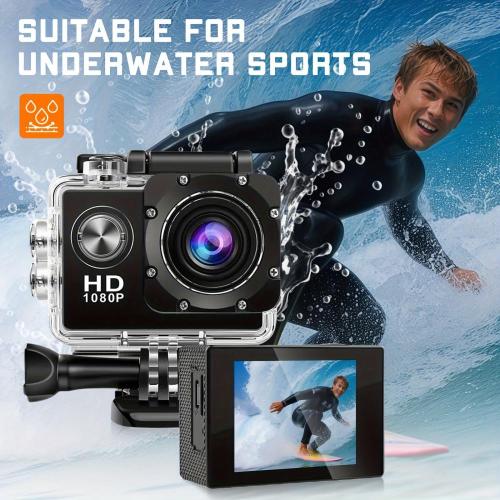 [Full HD Action Camera] 1080P Full HD Action Camera - Compact 2" LCD Screen & 5MP Resolution, 170° Wide-Angle Lens, 900mAh Rechargeable Battery - Ideal for Diving, Surfing, Cycling & Outdoor Adventures - Black