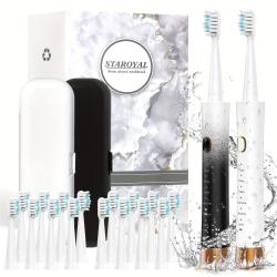 [Sonic Electric Toothbrush] 2pcs Sonic Electric Toothbrush - Adult with 16 Brush Heads, Long Battery Life, Fast Charging, 6 Cleaning Modes, Smart Time Reminder, Valentine's Day Gift