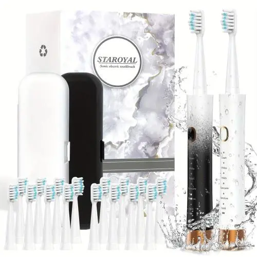 [Sonic Electric Toothbrush] 2pcs Sonic Electric Toothbrush - Adult with 16 Brush Heads, Long Battery Life, Fast Charging, 6 Cleaning Modes, Smart Time Reminder, Valentine's Day Gift