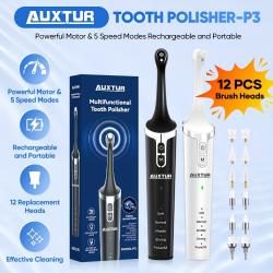 AUXTUR Tooth Polisher, Rechargeable Tooth Whitening Kit For Teeth Cleaning And Whitening, 2 Set Replacement Polishing Brush Heads(12pcs), 5 Speed Modes, Room Decor, Best Gift For Mother'S Day & Father'S Day, Gifts For Him/Her/Husband/Boyfriend